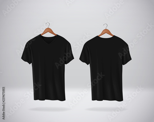 Black T-Shirts Mock-up clothes with V neck hanging isolated on wall, blank front and rear side view.