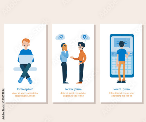 Vector flat software applications development concept set with colleagues developers disscussing with gears above head, man typing at laptop, male character near huge smartphone