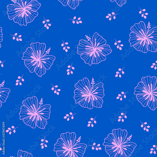 Vector pink Tropical Hibiscus flowers & leaves with dark blue background seamless repeat pattern. great for retro fabric, wallpaper, scrapbooking projects. Surface pattern design.