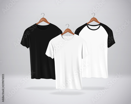 Basic and Baseball short sleeve T-Shirts Mock-up clothes set hanging isolated on wall. Front side view for your design or logo.