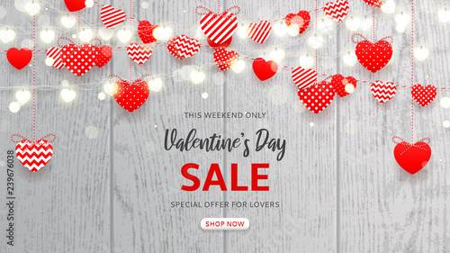 Web banner for Valentine's Day sale. Vector illustration with red and white paper garlands and glowing garlands with hearts on wooden texture. Holiday greeting card. Promo seasonal offer.