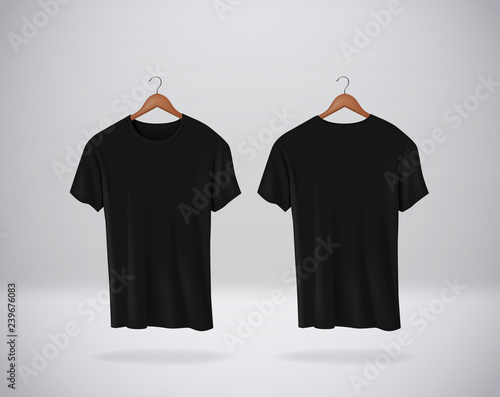 Black T-Shirts Mock-up clothes hanging isolated on wall, blank front and rear side view.