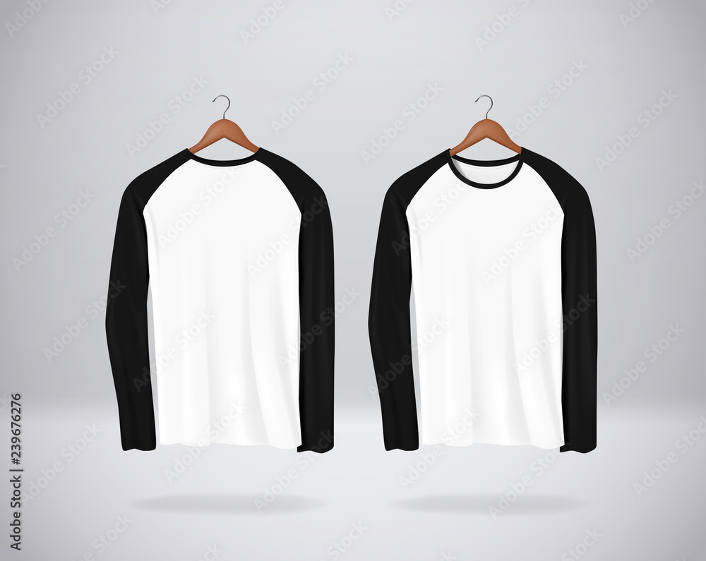 Long sleeve Baseball T-Shirts Mock-up clothes hanging isolated on wall,  blank front and rear side view. vector de Stock | Adobe Stock