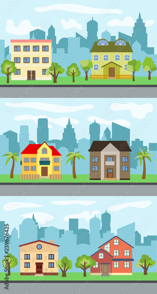 Set of three vector illustrations of city street 