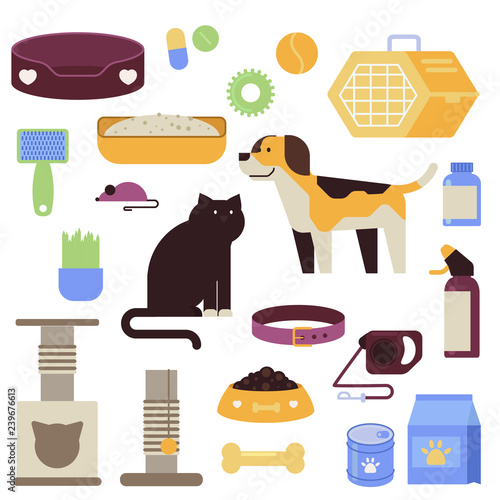 Simply vector pet shop goods for cats and dogs flat collection