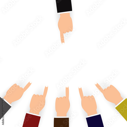 Blaming and confusion for others people concept, finger pointing on white background flat design