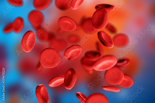 Фотография 3d illustration of red blood cells erythrocytes under a microscope on blue background