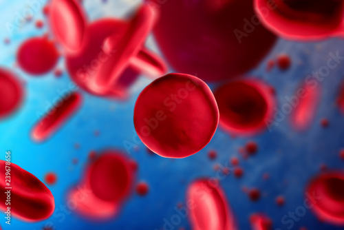 3d illustration of red blood cells erythrocytes under a microscope. Concept for scientific medical background