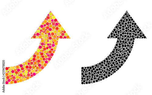 Pixel rotate up mosaic icons. Vector rotate up icons in bright and black versions. Collages of irregular round spots. Vector concepts of rotate up icons designed with different round dots.