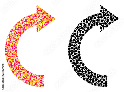 Dot rotate right mosaic icons. Vector rotate right icons in colorful and black versions. Collages of variable circle dots. Vector mosaics of rotate right icons composed of random round pixels.