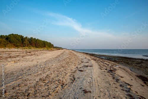 Fototapeta Naklejka Na Ścianę i Meble -  sandy sea beach with rocks and low tide in overcast day