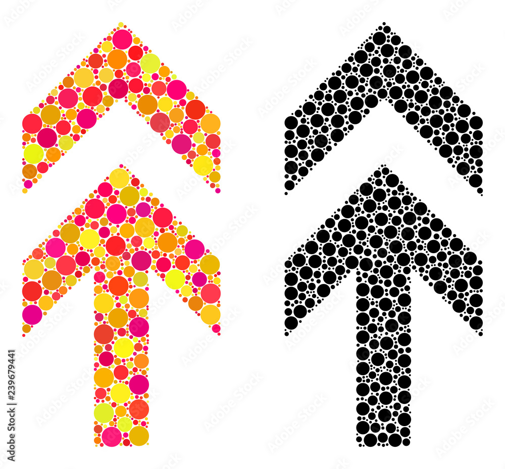 Pixel arrow up mosaic icons. Vector arrow up icons in bright and black versions. Collages of irregular round dots. Vector mosaics of arrow up icons organized with scattered round dots. Pixel arrow up mosaic icons. Vector arrow up icons in bright and black versions. Collages of irregular round dots. Vector mosaics of arrow up icons organized with scattered round dots.