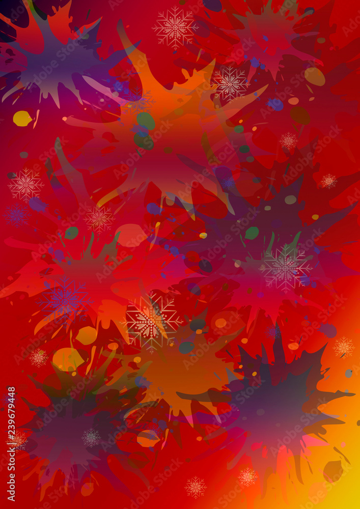 Abstract motley red background with bright colored splashes, ovals, blots and snowflakes Abstract motley red background with bright colored splashes, ovals, blots and snowflakes