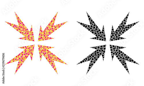 Dotted compression arrows mosaic icons. Vector compression arrows pictograms in colorful and black versions. Collages of variable round elements.