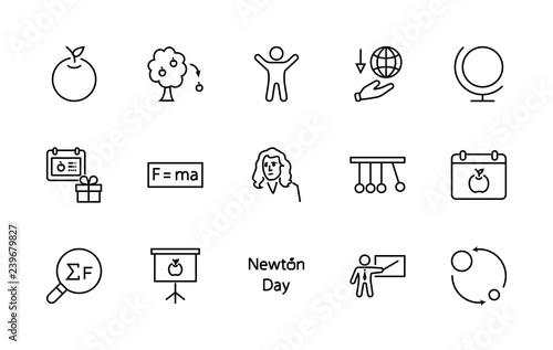 Newton's Day Set Line Vector Icon. Contains such Icons as Newton, Laws of physics and gravity, Flying Apple, Calendar, Teacher, blackboard and projector Editable Stroke. 32x32 Pixel Perfect