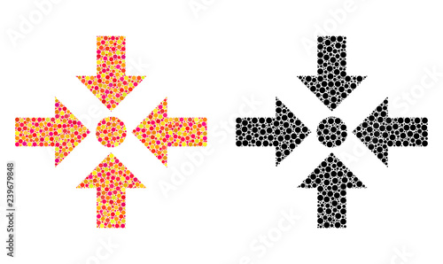 Dot shrink arrows mosaic icons. Vector shrink arrows icons in multi-colored and black versions. Collages of variable round elements.