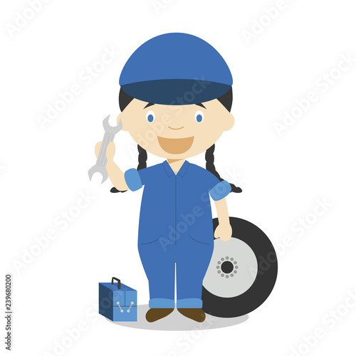 Cute cartoon vector illustration of a mechanic. Women Professions Series