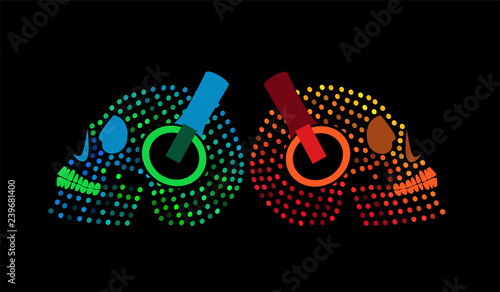 Sugar skulls with headphones icon halftone neon led display