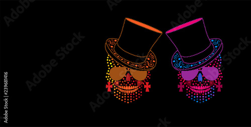 Cool background with skull icon with cylinder hat and sunglasses, halftone color dots 