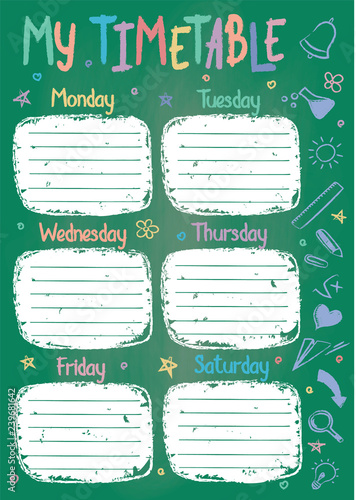 School timetable template on chalk board with hand written colored chalk text. Weekly lessons shedule in sketchy style decorated with hand drawn school doodles on green board.