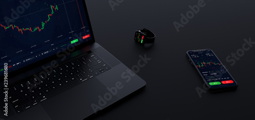 Stock exchange concept app running on laptop, phone and smart watch simultaneous (3D illustration) photo