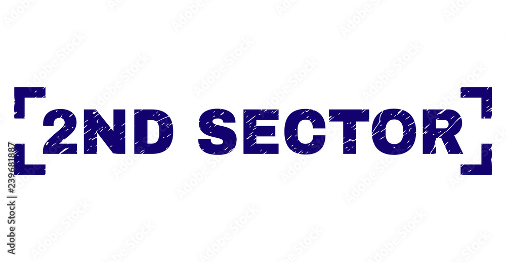 2ND SECTOR tag seal print with corroded texture. Text tag is placed between corners. Blue vector rubber print of 2ND SECTOR with grunge texture.