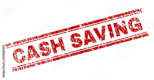 CASH SAVING seal print with corroded texture. Red vector rubber print of CASH SAVING caption with unclean texture. Text label is placed between double parallel lines.