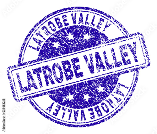 LATROBE VALLEY stamp seal watermark with distress texture. Designed with rounded rectangles and circles. Blue vector rubber print of LATROBE VALLEY text with unclean texture. photo