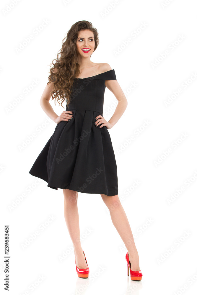 Fashion Model In Black Dress Is Smiling And Looking Away