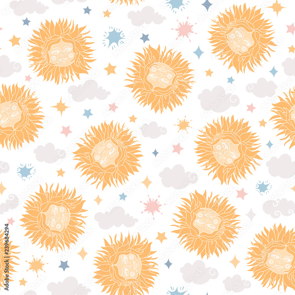 Suns, stars and clouds in pastel colors. Seamless background. Vector illustration Suns, stars and clouds in pastel colors. Seamless background. Vector illustration