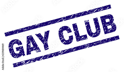GAY CLUB seal print with distress style. Blue vector rubber print of GAY CLUB label with unclean texture. Text label is placed between parallel lines.