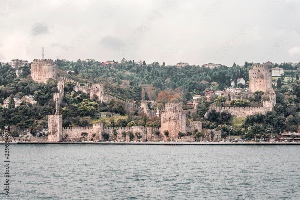 Bosporus cruise panorama. Osman empire fortress. Turkey landscape 