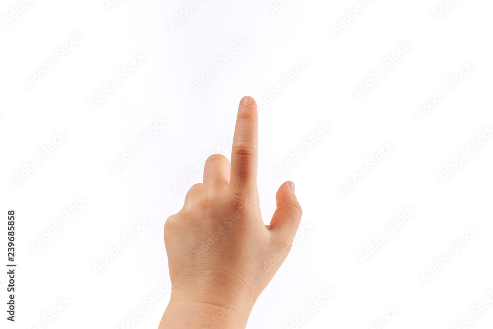 Little girl's left hand tapping with index finger isolated on white background Little girl's left hand tapping with index finger isolated on white background