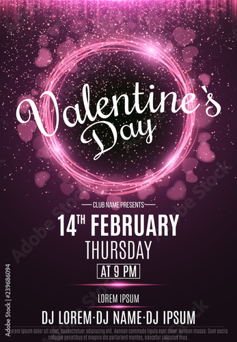 Happy Valentine's Day party flyer. Neon glowing pink banner with flying blurred hearts. Twisted stripes. DJ and club name. Magical falling dust. Vector illustration