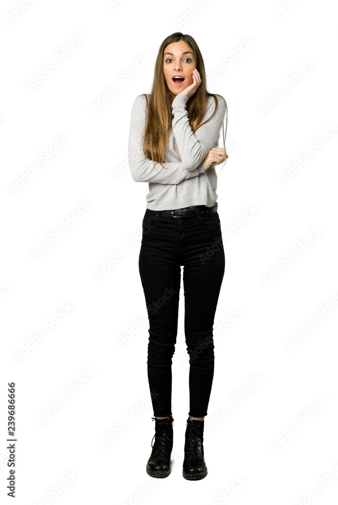 Full-length shot of young girl surprised and shocked while looking right on isolated white background Full-length shot of young girl surprised and shocked while looking right on isolated white background