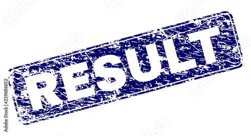 RESULT stamp seal print with grunge texture. Seal shape is a rounded rectangle with frame. Blue vector rubber print of RESULT label with unclean texture.