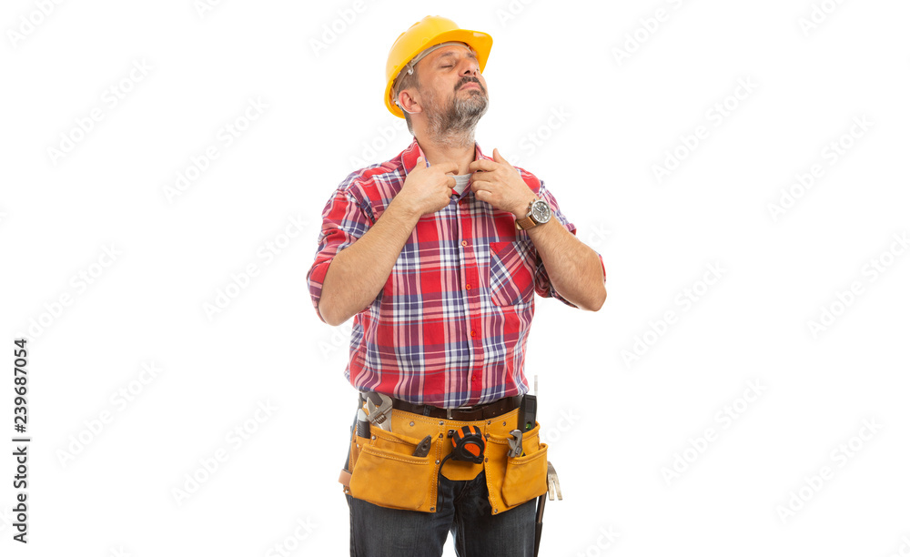 Builder fixing shirt collar.