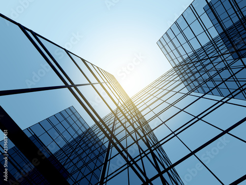 View of high rise glass building and dark steel window system on blue clear sky background,Business concept of future architecture,looking up to the sun light on the top of building. 3d render