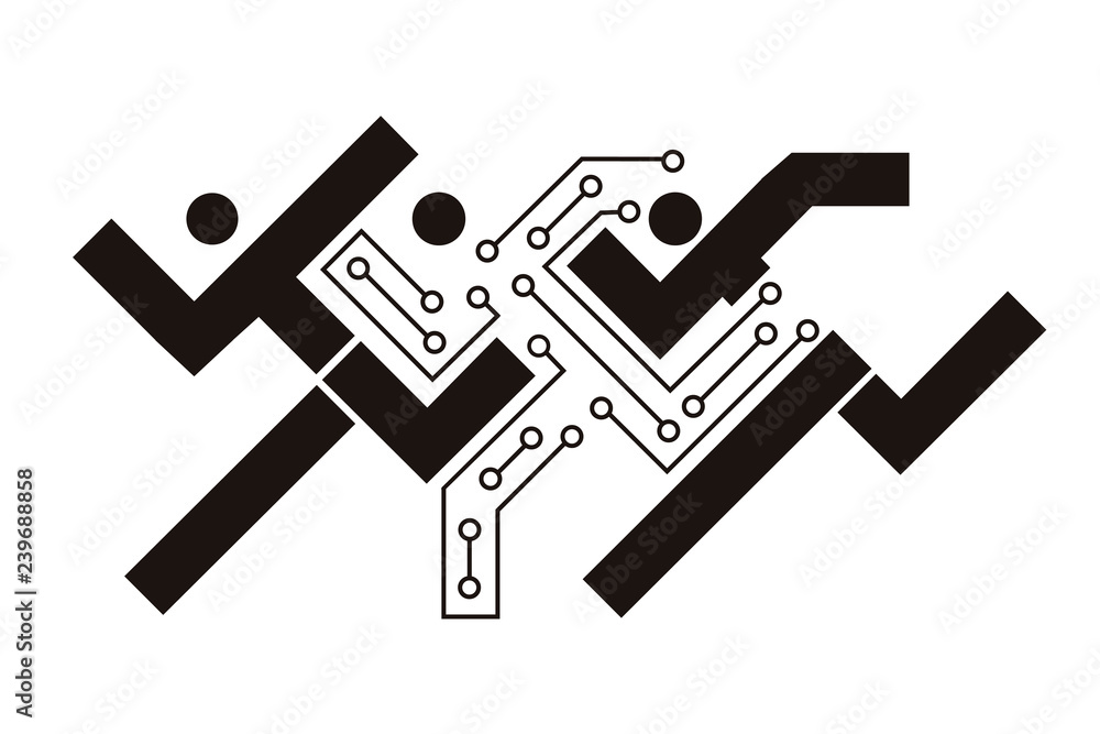 Printed circuit, Quick computer Solution concept.
Stylized black symbol of three runners, One runner styled as a circuit. Concept for electronics solution. Vector available. 