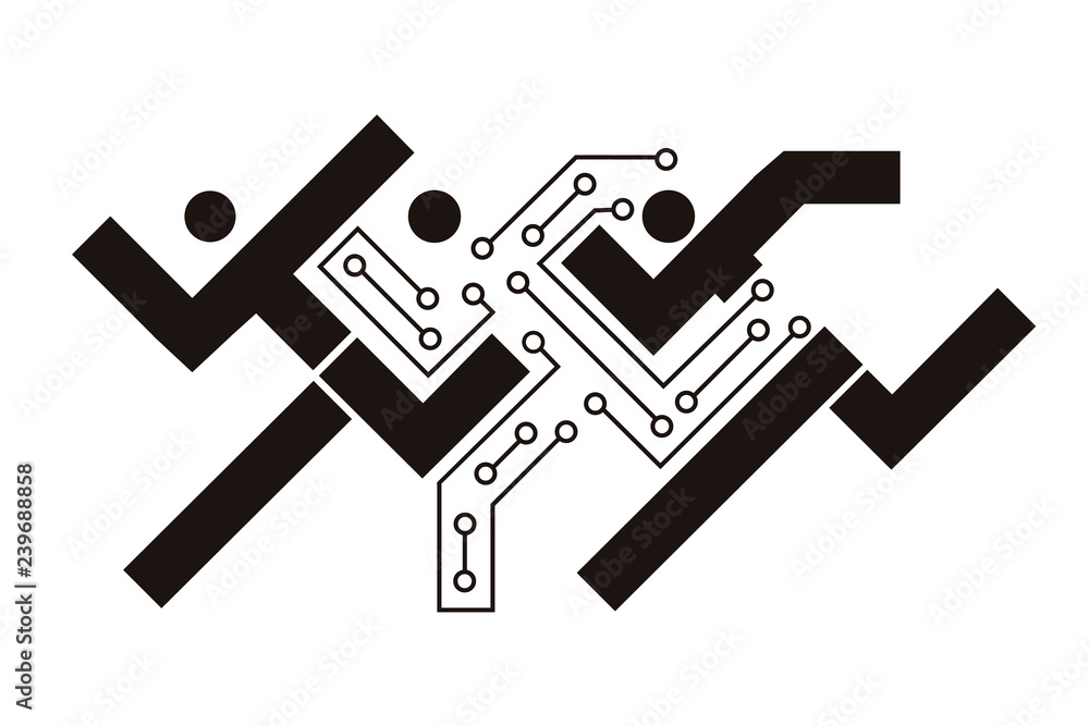 Printed circuit, Quick computer Solution concept.
Stylized black symbol of three runners, One runner styled as a circuit. Concept for electronics solution. Vector available. 