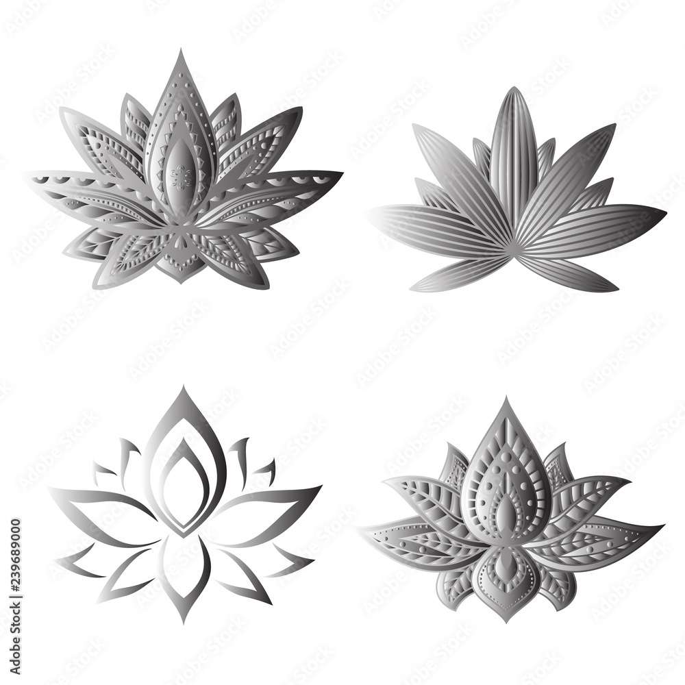 Fototapeta premium Vector illustration. Set of lotus flowers. Metallic isolated on white background. Ethnic oriental ornament