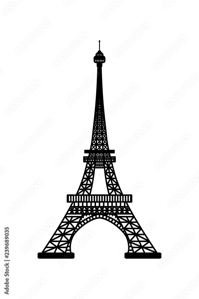 Vector illustration of Eiffel Tower symbol of Paris, France. Black silhouette isolated on white background