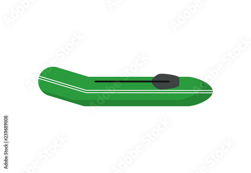 Green rubber boat. Row, activity, fishing. Can be used for topics like rafting, travelling,