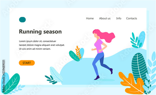 Landing page template of Healthy lifestyle, womens fitness, jogging, running girl characters in the Park, City Marathon. Modern flat design concept of web page design for website and mobile website