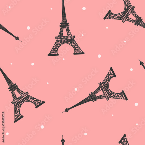 Seamless vector pattern of Eiffel Tower  silhouette on pink background
