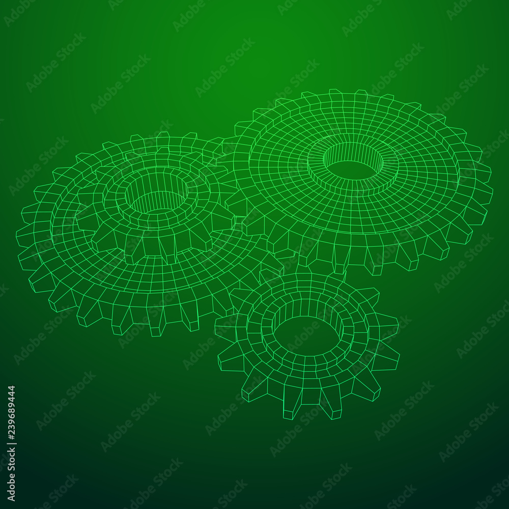 Gears. Mechanical technology machine engineering symbol. Industry development, engine work, business solution concept. Wireframe low poly mesh vector illustration