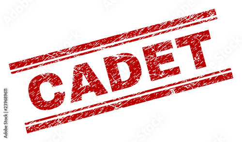 CADET seal print with corroded texture. Red vector rubber print of CADET caption with grunge texture. Text title is placed between double parallel lines.