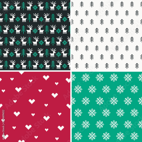 Vector set of seamless winter holiday backgrounds in pixel style. Red, mint and black forest theme with reindeer, trees, snowflakes and hearts for Christmas, gift wrapping paper, textiles, wallpapers.