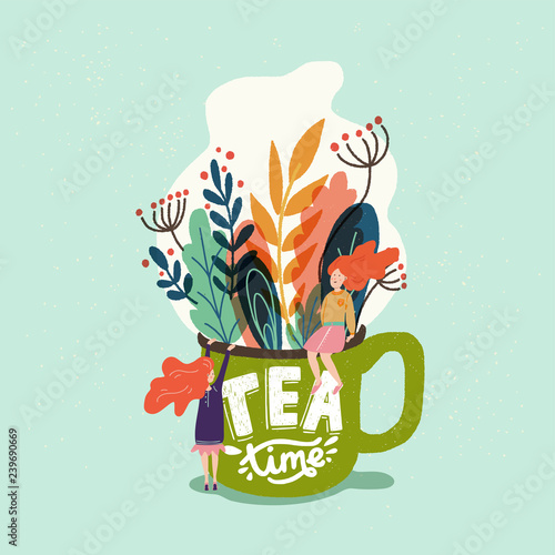 Cup with leaves and flowers with Tea Time inscription