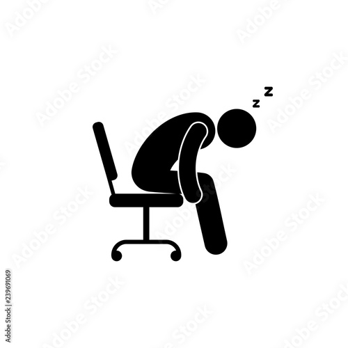 icon man asleep at work, stick figure pictogram people isolated symbol human silhouette sitting on chair